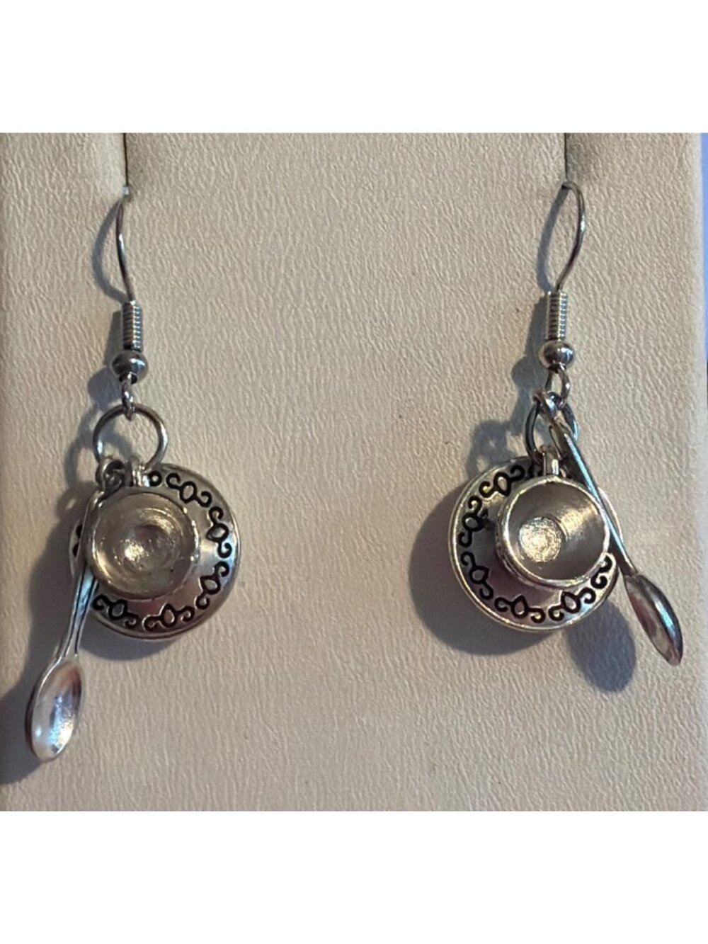 Miniature Teacup Spoon Dangle Earrings Silver Tone Alice Wonderland Coffee 1.5"